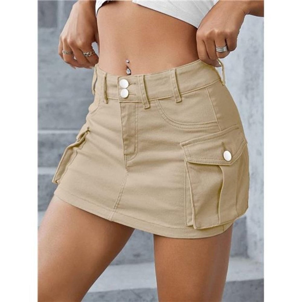 Y2K Light Khaki Cargo Denim Mini Skirt Low Waist‎ Extra Short Bodycon Skirt - Picture 2 of 6